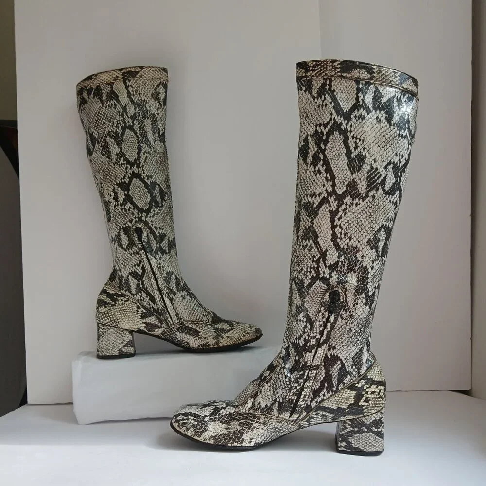 Vintage60's/70's  SnakePrint KneeHigh BlockHeel SquareToe Mod GoGoBoots Sz8 - Picture 7 of 14